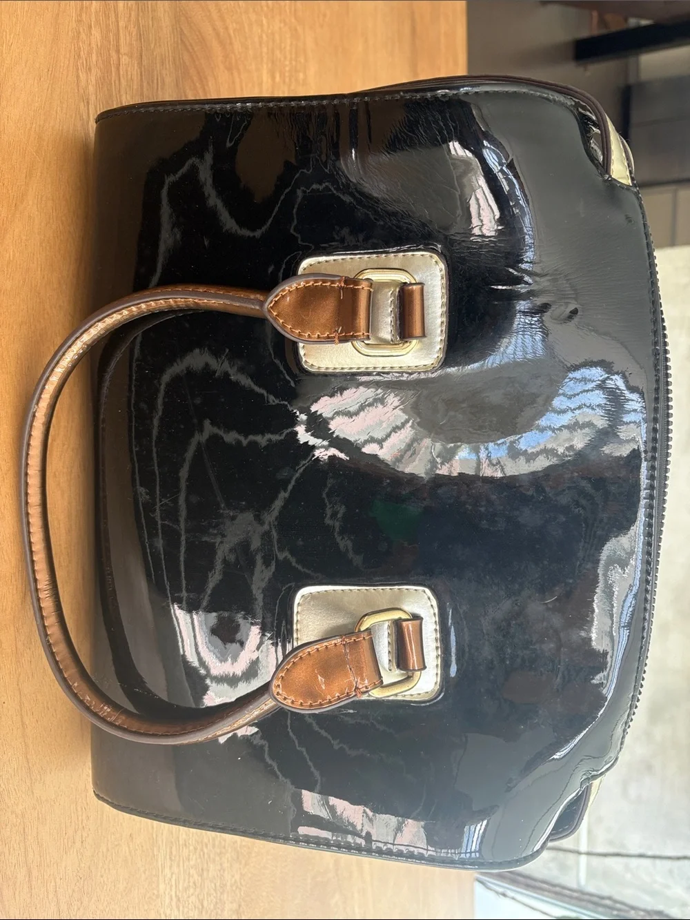 Large Black Charol Satchel with Tan Handles